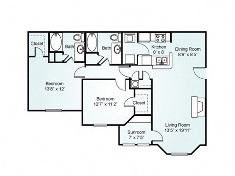 Floor plan for 2 beds, 2 baths, 1167 sqft